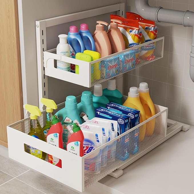 Under Sink Organizer Adjustable Height 2 Tier Bathroom Organizer Pull Out Cabinet Organer kitchen organizers and storage fridge organizers and storage,White,XL-1 Pack
