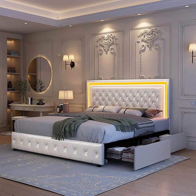 King Led Bed Frame with 4 Storage Drawers, Bed Frame with Led Lights, No Box Spring Needed, 900 lbs Capacity, Easy Assembly, PU White