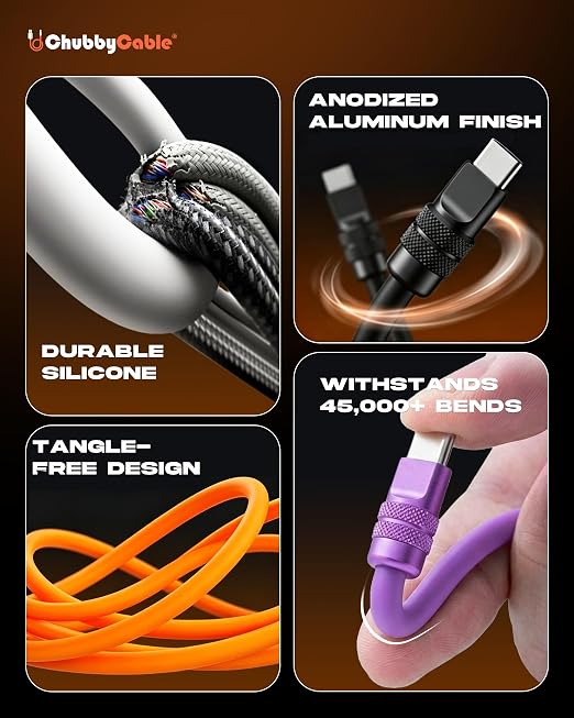 chubbycable for iPhone 17 240W Anodizing Fast Charging USB C Cable Silicone Durable Data Transfer Cable Black Type-C to Type-C 3.3FT