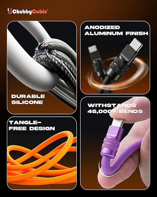 chubbycable for iPhone 17 240W Anodizing Fast Charging USB C Cable Silicone Durable Data Transfer Cable Black Type-C to Type-C 3.3FT