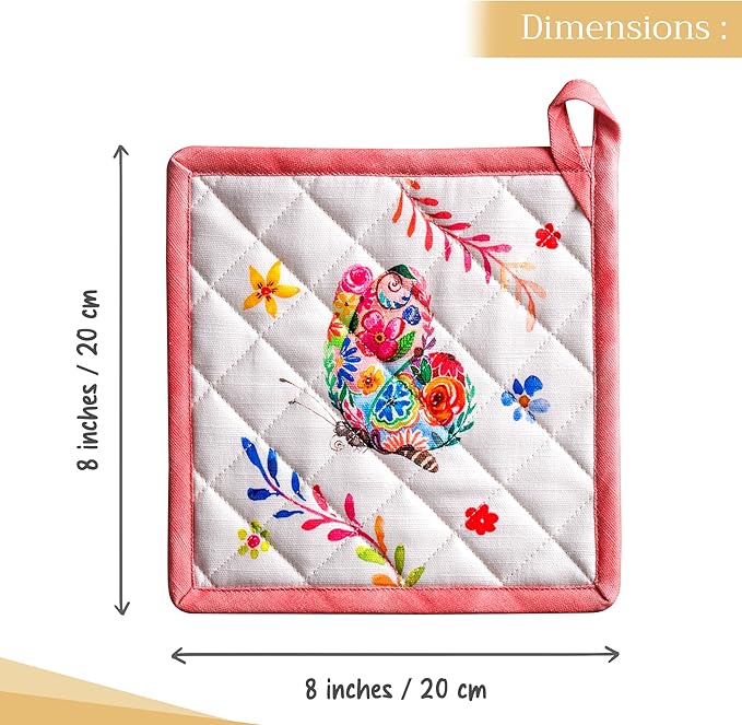 Maison d' Hermine Pot Holders Set 100% Cotton Heat Resistant Potholders 8" x 8" Hot Pads with Loop Cooking, Grilling, Kitchen, Handling Hot Pans Spring/Summer (Pack of 2, Happy Florals - High Summer)