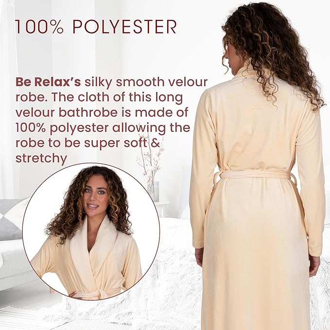 Be Relax Terry Velour Robe - Made of Polyester, Shawl Collar Robe with Belt & Side Pockets, Soft & Warm Bathrobe for Women