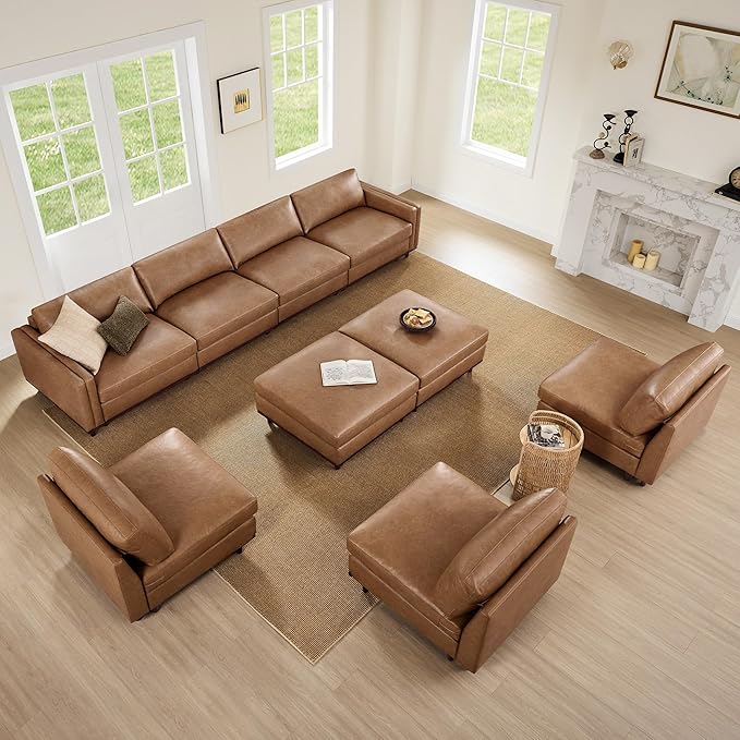 CHITA 118" Super Large Luxury 3 Seat Sectional Modular Sofa, FSC Certified Down Filled Modern Sofa, Deep Seat Comfty Cloud Couch, 3 Seat Couch, Solid Wood Leg, Faux Leather in Camel