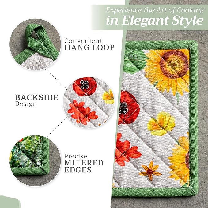 Maison d' Hermine 100% Cotton Oven Mitt & Pot Holder Set (7.5"x13" & 8"x8") Heat Resistant BBQ Cooking Gloves with Loop, Baking, Grilling, Kitchen, Handling Hot Pans Spring/Summer (Basse Cour)