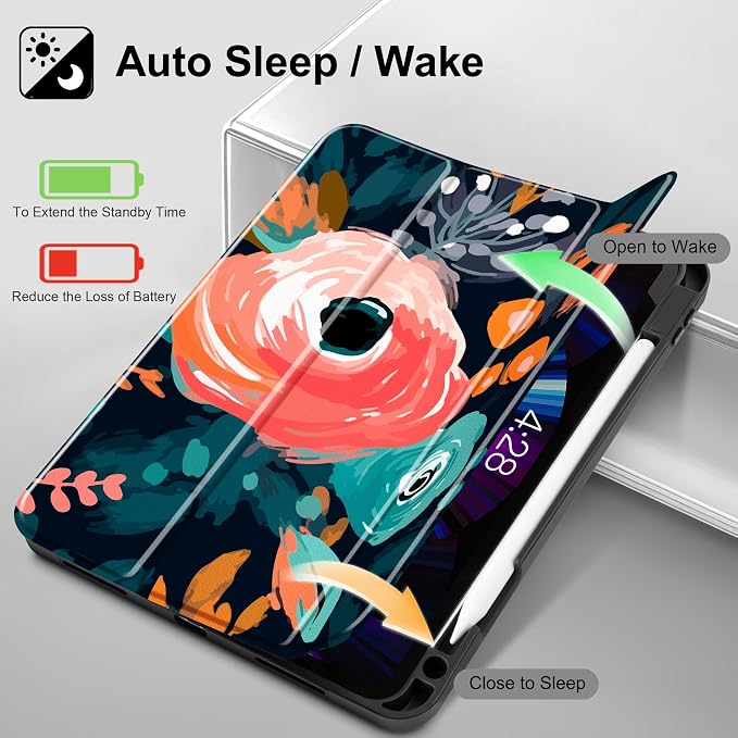May Chen Case for iPad Pro 11 inch (4th 3rd 2nd &amp 1st Gen) 2022 2021 2020 2018 Trifold Stand + Pencil Holder + Auto Wake/Sleep + Soft TPU Protective Stand Back Cover Abstract Floral