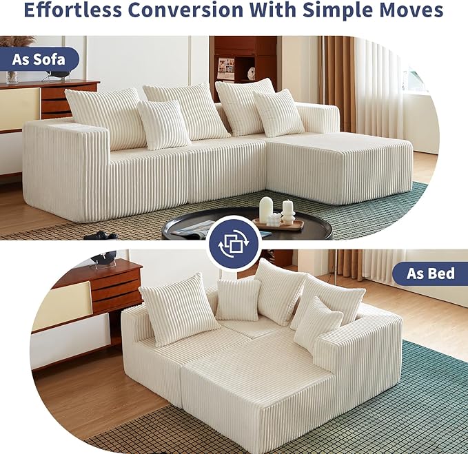 102" Sectional Couches for Living Room,Boneless Cloud Couch,L-Shaped Sofa with Oversized Deep Seat,Comfy Couch for Bedroom,Compressed Sofa in a Box,No Assembly Required(Corduroy,Beige)