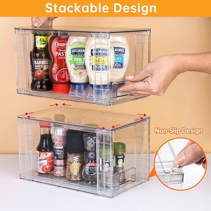 4 Pack Large Stackable Storage Drawers,Clear Acrylic Drawer Organizers with Handles, Easily Assemble for Kitchen Undersink,Bathroom,Cabinet,Makeup,Closet,Pantry,Organization and Storage