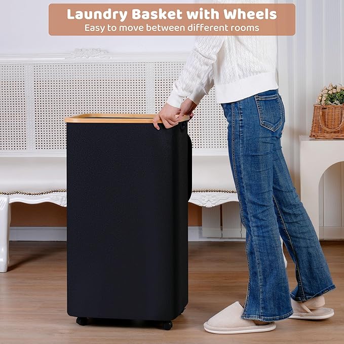 Laundry Basket with Wheels,100L Hampers for Laundry,Black Large Laundry Hamper with Lid and Bamboo Handles,Collapsible & Waterproof Tall Cloth Hamper for Dormitory Family