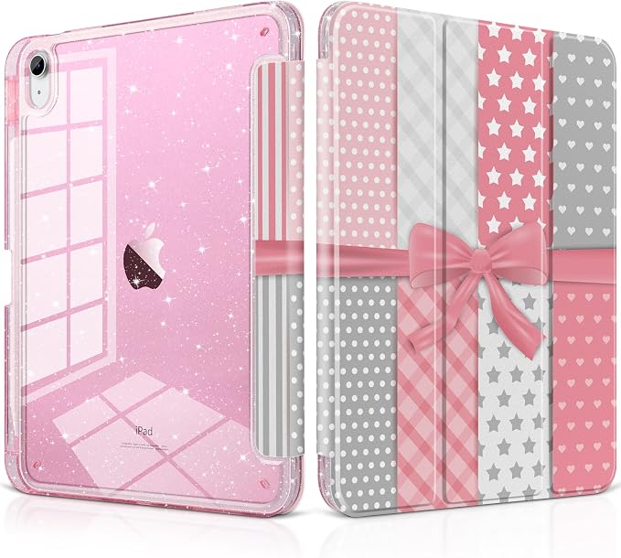 MEEgoodo Case for iPad A16 11th Generation 2025/10th Generation 2022 Glitter Tablet Cases with Transparent Acrylic Back+Trifold Stand +Pencil Holder+Auto Wake/SleepAbstract Sun &amp Palm Tree