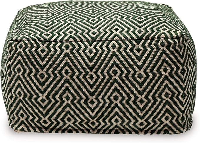 Signature Design by Ashley Abacy Casual Square Handwoven Pouf with Geometric Pattern, Green & Beige