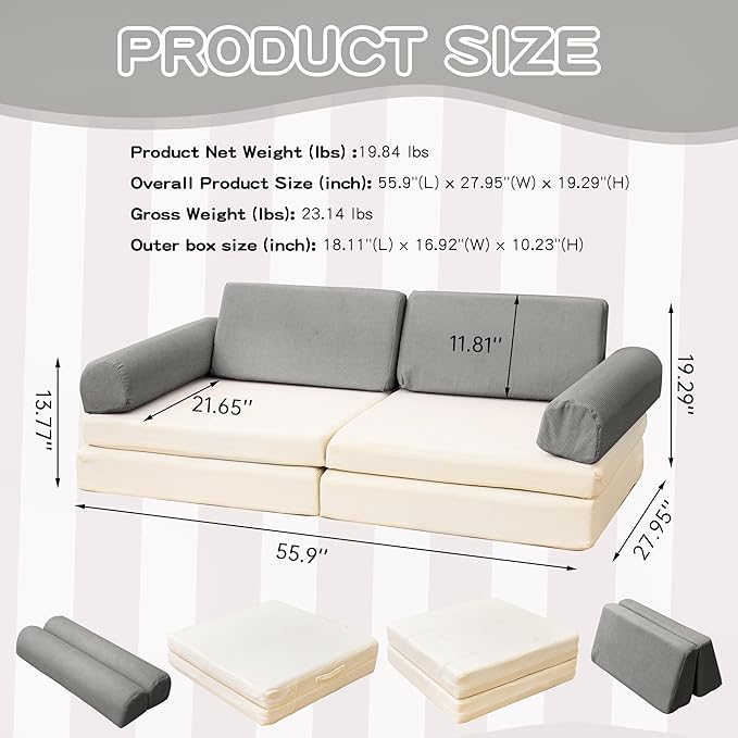 Modular Play Sofa, Instant Expansion, Corduroy Fabric, Grey and Beige