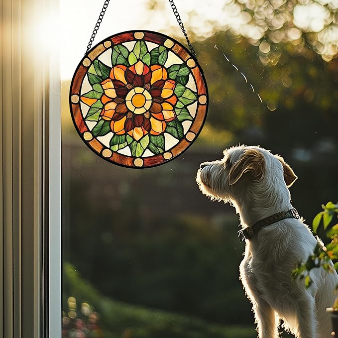 Stained Glass Window Hanging - Yellow Green Boho Style Flowers Sun Catcher for Door Garden Home Decor Suncatcher Christmas Mother's Day Birthday Gifts for Women Mom Girl Nana Friend 11.8 in
