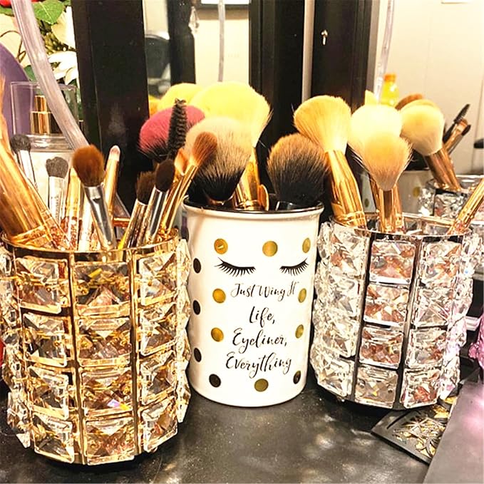 LUGUNU Makeup Brush Holder with Silver Crystal Bling – Elegant Vanity Organizer for Brushes, Pens & Pencils, Ideal for Bathroom or Office Countertop(2Pack)