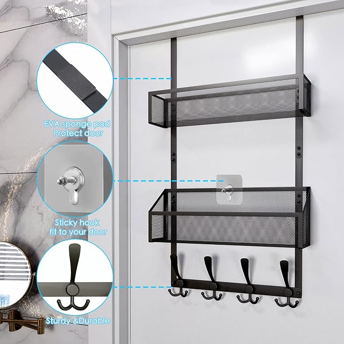 Kaiferty Over The Door Hooks Organizer, Coat Rack Over The Door Storage Hanger Towel Rack, Back of Door Storage Organizer for Bathroom,Bedroom,Kitchen,Office (Black, 3-Tier)