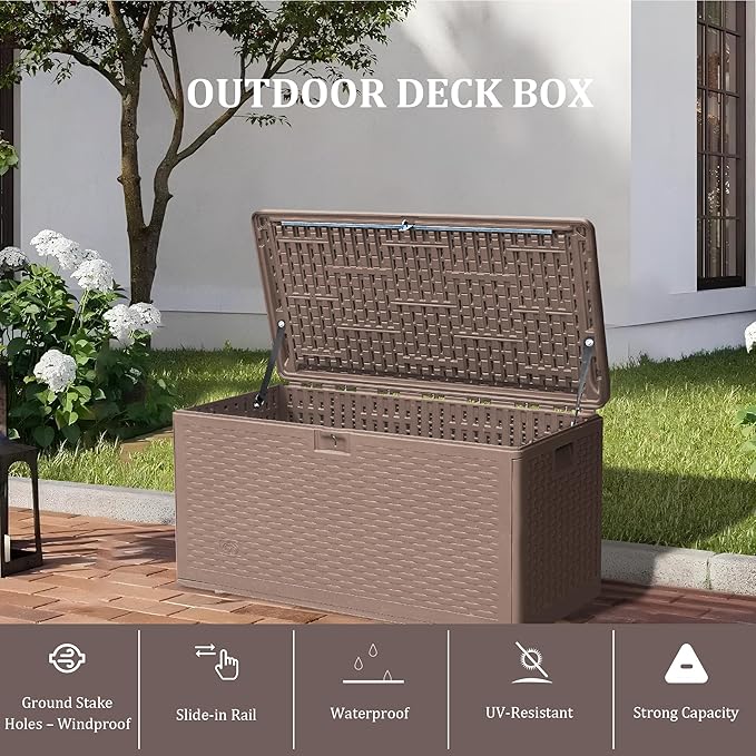 73 Gallon Pro Waterproof Outdoor Storage Pro Resin Deck Box Bin for Patio, Poolside, and Garden, Lockable & UV-Resistant, Ideal for Small Spaces, Brown