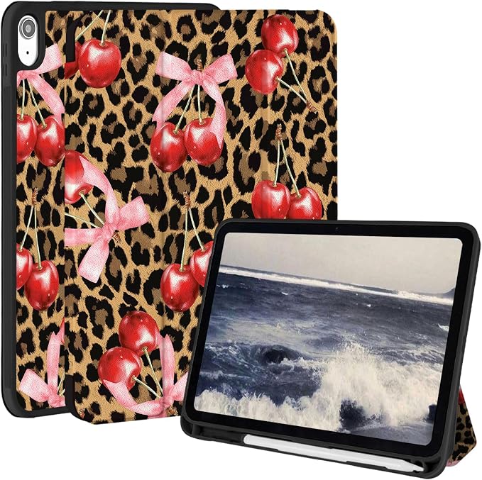 Case for iPad 9th/ 8th/ 7th Generation Case 10.2&amp10.5 Inch (2021/2020/2019 Release) Slim Lightweight Soft Trifold Back Cover with Pencil Holder &amp Auto Sleep/Wake Cover Cherries Cheetah Bows