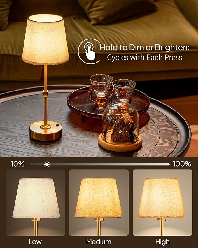 EppieBasic Cordless Table Lamp Rechargeable: Fast Charging & Long Lasting - 2700K Warm Light Vintage Gold Lamps - Dinning Living Room Bedroom - Linen Shade