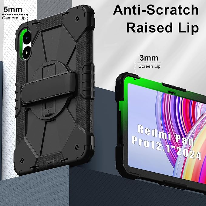 for Xiaomi Redmi Pad Pro 12.1/Xiaomi Poco Pad 12.1 Case with with Kickstand/Hand Strap/Rotating/Shoulder Strap (Black/Black)