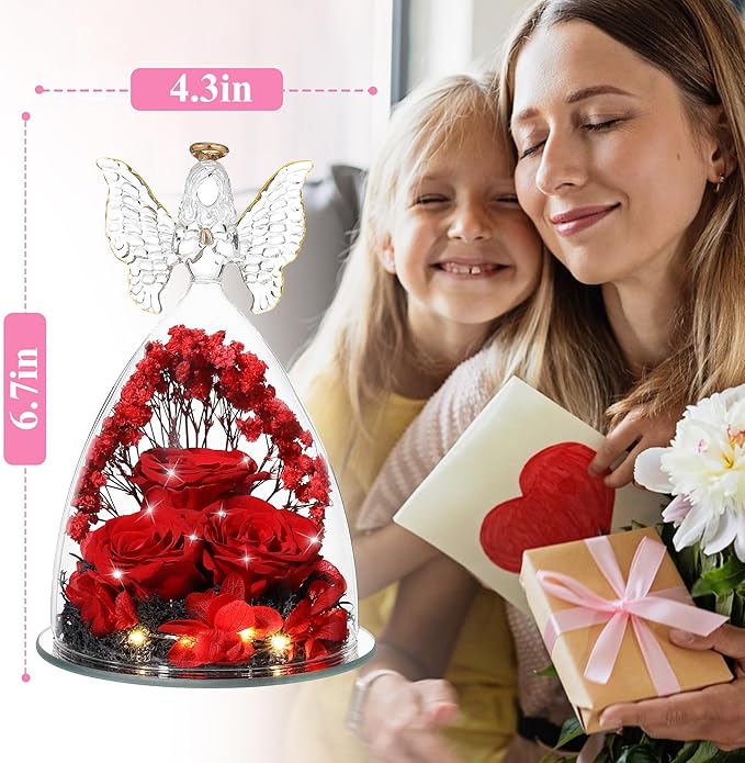 Ocosy Mothers Day Rose Gifts for her, Large Angel Rose Gifts for Women, Forever Real Roses in Angel Figurines, Angel Guardian with Roses Flower, Crystal Red
