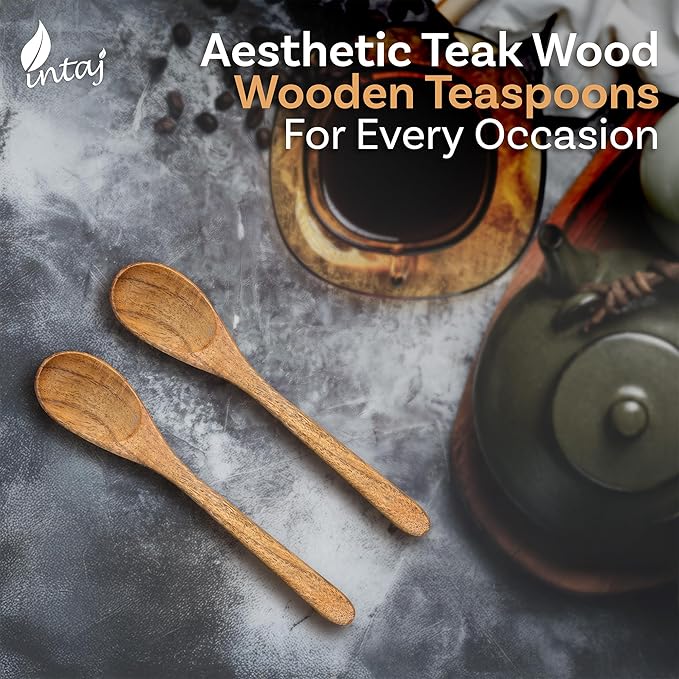 INTAJ Small Wooden Spoons Set of 6, 6-Inch Teak Honey & Coffee Spoons