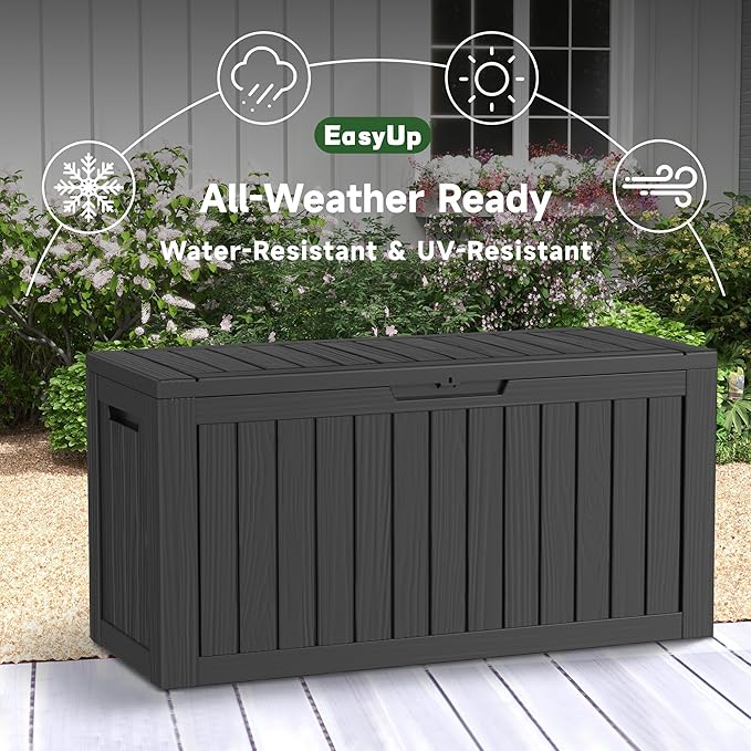 80 Gallon Outdoor Storage Box Waterproof, UV Resistant Resin Deck Box with Hydraulic Rod, Reinforced Stability for Patio, Garden, Striped Black