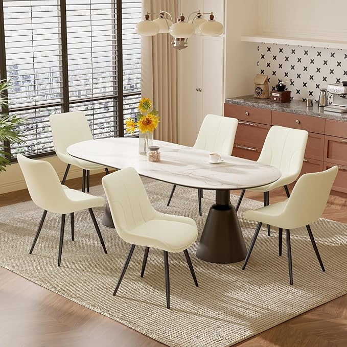 Upholstered Dining Chairs Set of 2, Modern Faux Leather Dining Room Chairs with Thick Cushion and Metal Legs, Kitchen Chairs with Back for Dining Room, Cream