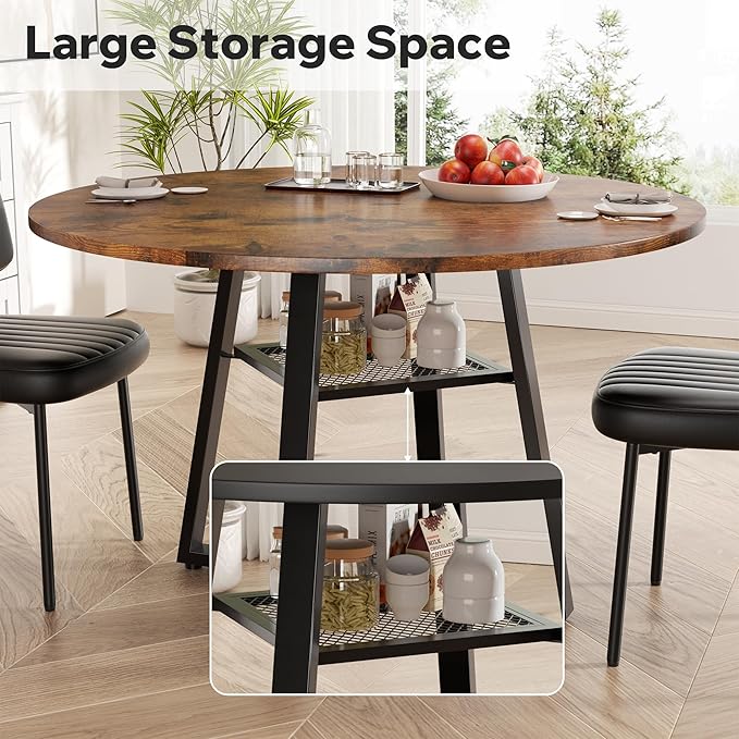 Round Dining Table for 2-4 People,42 Inch Dining Room Table,Modern Circle Kitchen Table with Storage Shelf and Metal Legs for Dining Room,Kitchen,Vintage(Table Only)