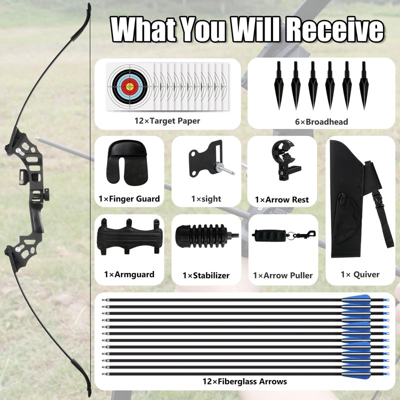SERfawnCH 30/40lbs Recurve Bow & Arrow Set for Adults, Right-Handed Takedown Bow with Carbon Arrows, Hunting & Archery Practice Kit for Outdoor Target‌