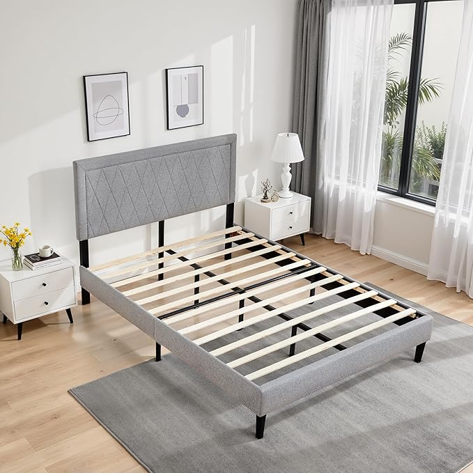 Hokway Bed Frame Upholstered Platform Bed with Headboard Wooden Slat Support No Box Spring Needed(Queen, Light Gray)