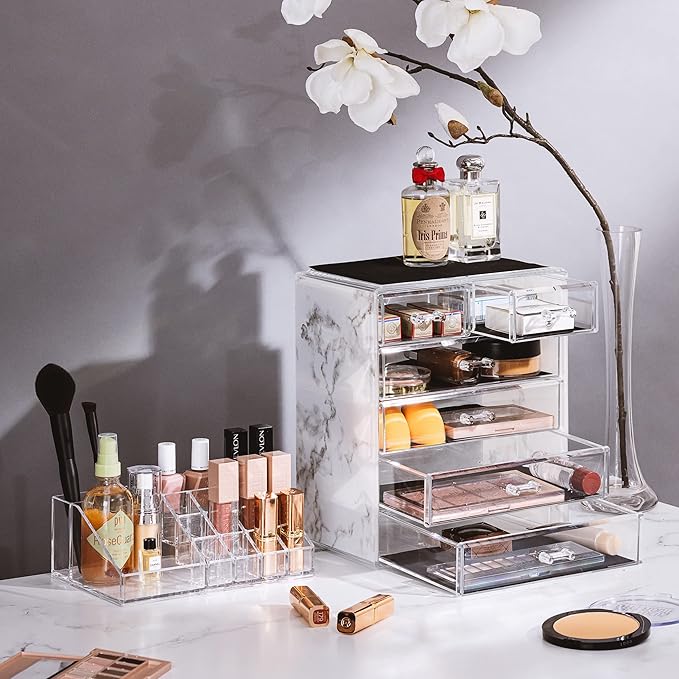 Sorbus Clear Cosmetic Makeup Organizer - Make Up & Jewelry Storage, Case & Display - Spacious Design - Great Holder for Dresser, Bathroom, Vanity & Countertop (4 Large, 2 Small Drawers - Marble Print)