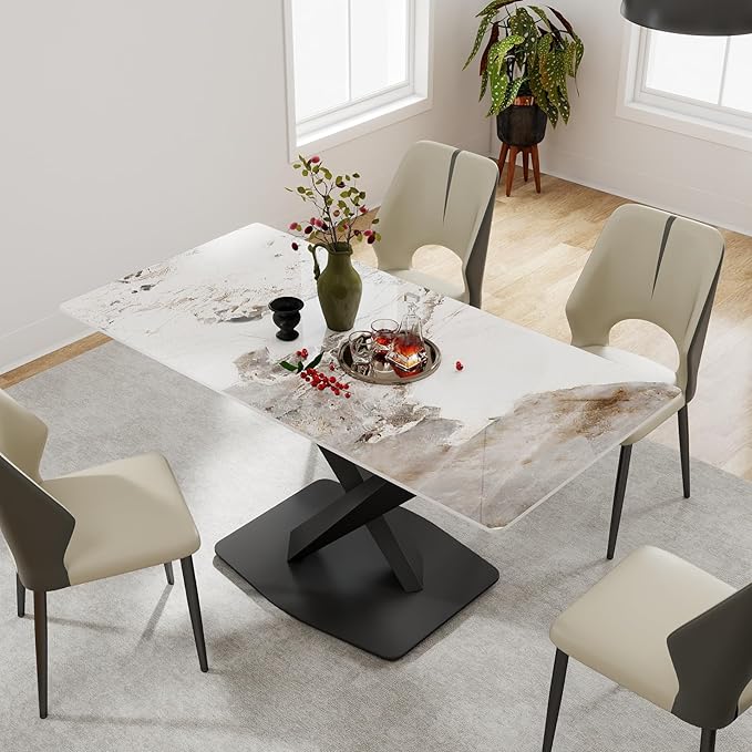63" Modern Dining Table for 4-6 People, White Sintered Stone Table Top with X-Shape Carbon Steel Pedestal, Large Rectangular Table for Kitchen Living Room