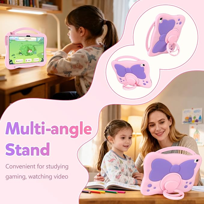 VOFUOE for iPad A16 Case Kids iPad 11th/10th Generation Case 11 Inch 2025 | Cute Bow Soft Silicone iPad 10th Cover 10.9 Inch 2022 for Girls Built-in Handle Rotatable Stand Pencil Holder-Pink Purple