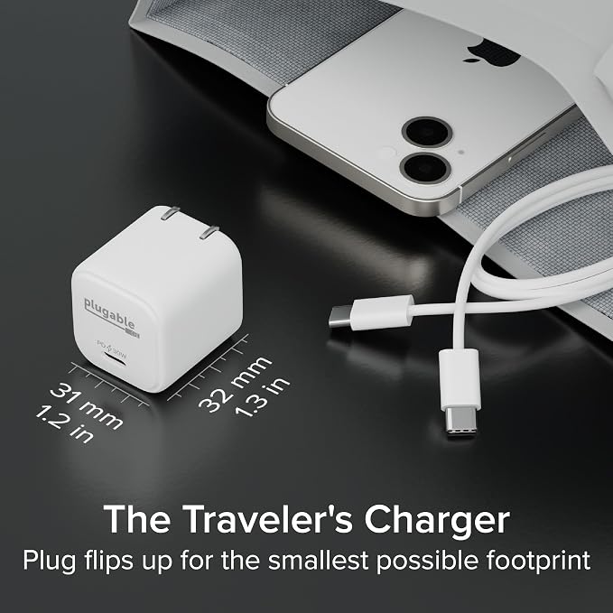 Plugable GaN USB C White Charger Block with 10Gbps USB C to USB C Cable Bundle