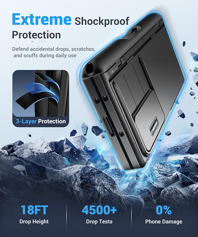 BERFY for Z Fold 7 Case with 9H Tempered Screen Protector, Military Grade Hidden Kickstand & Slide Camera Cover, Full Body Shockproof Slim Hard Phone Case for Samsung Galaxy Z Fold 7, Black