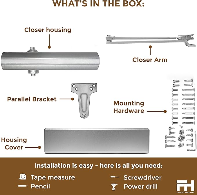 Finsbury Commercial Door Closer Automatic Heavy Duty High Traffic Adjustable ANSI/BHMA Grade 1, UL Listed ADA Compliant Hydraulic Backcheck Delayed Action Latch Speed 1-6 Power (Aluminum)