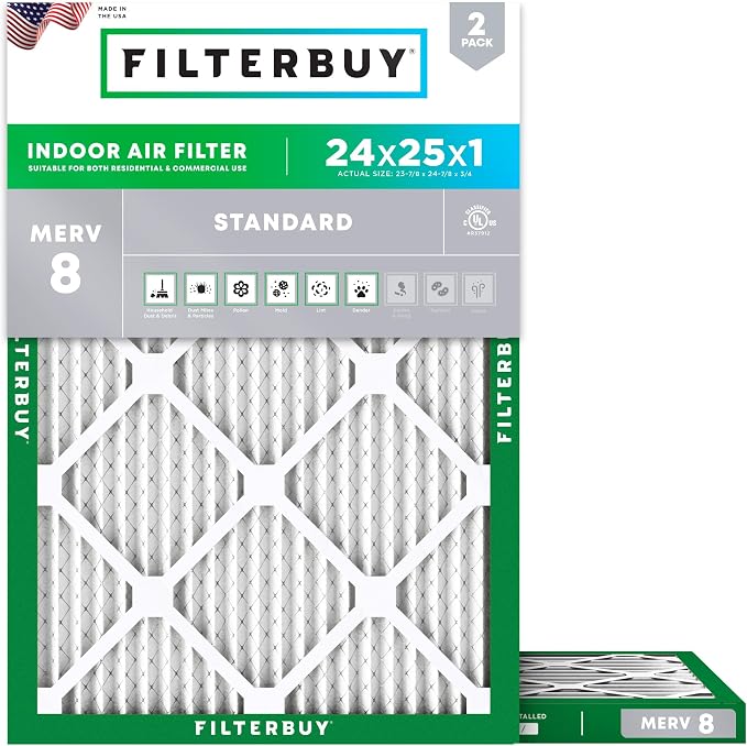 Filterbuy 24x25x1 Air Filter MERV 8 Essential Dust & Allergy Defense,