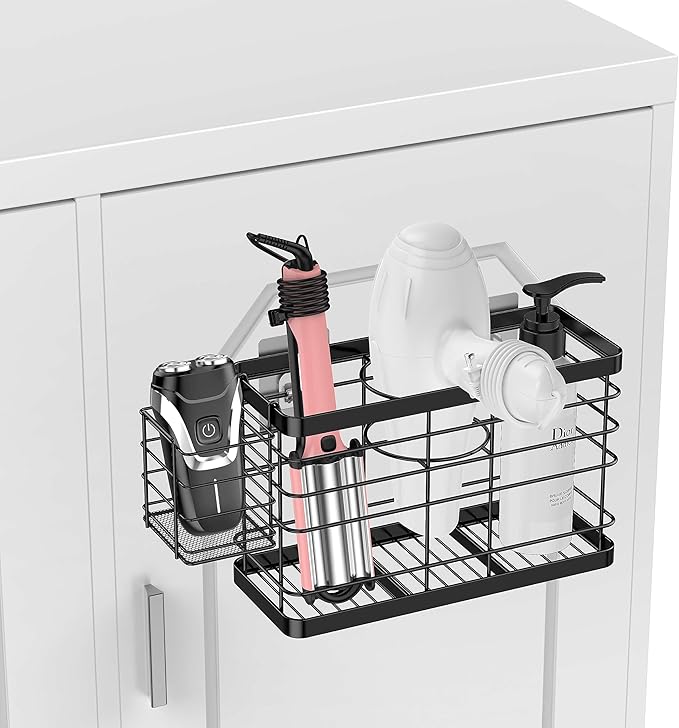 Hair Tool Organizer - Black Steel Wall Mounted Hair Dryer Holder with Removable Basket, 10.62"L x 4.33"W x 6.69"H, Ideal for Small Bathrooms