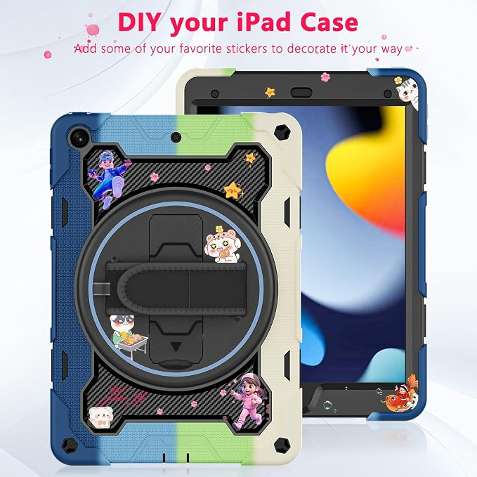 for iPad 9th 8th 7th Gen Case 10.2 inch with Screen Protector | 360° Rotating Kickstand Hand Strap Shoulder Strap Heavy Duty Military Grade - Kids Friendly