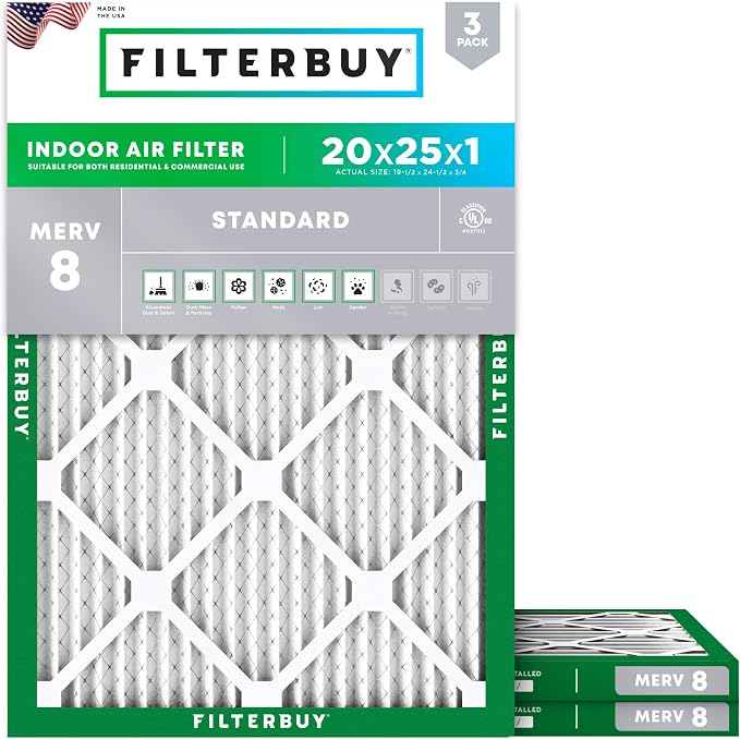 Filterbuy 20x25x1 Air Filter MERV 8 Essential Dust & Allergy Defense,