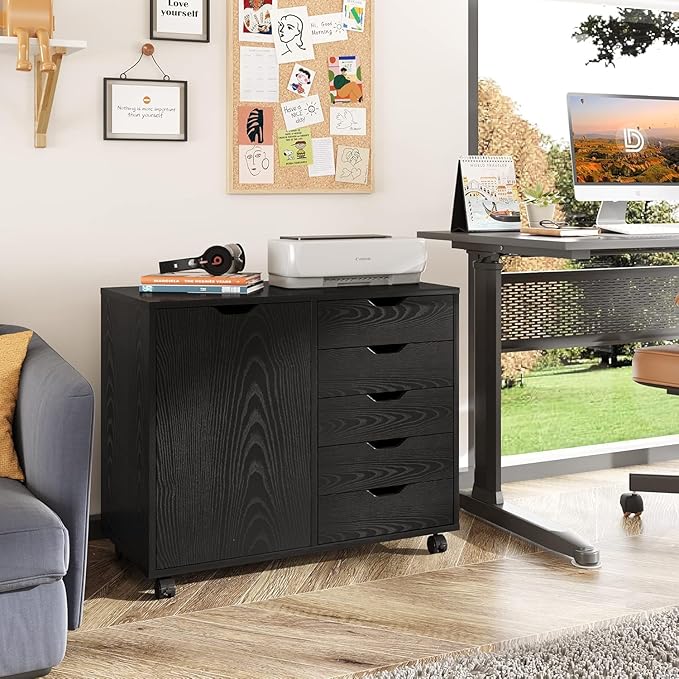 5-Drawer Wood Drawer Cabinet, Office Storage Cabinet with Adjustable Shelf & Wheels, Printer Stand for Home Office, Black, 15.7" D x 30.7" W x 25.4" H