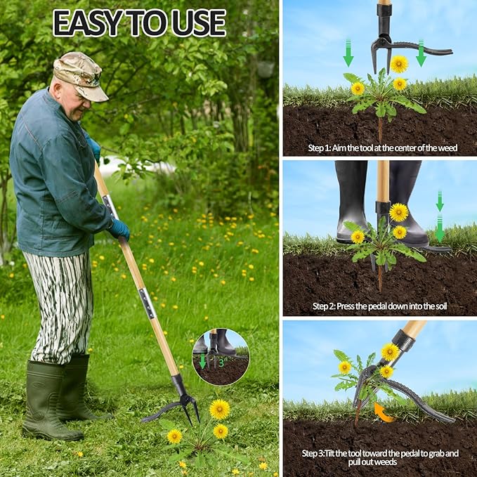Weed Puller Tool, Stand Up Heavy Duty Weed Remover Tool with Long Handle & 4-Claw Steel Head, Bamboo Garden Hand Weeding Tool - Easily Remove Weeds Without Bending, Pulling,or Kneeling