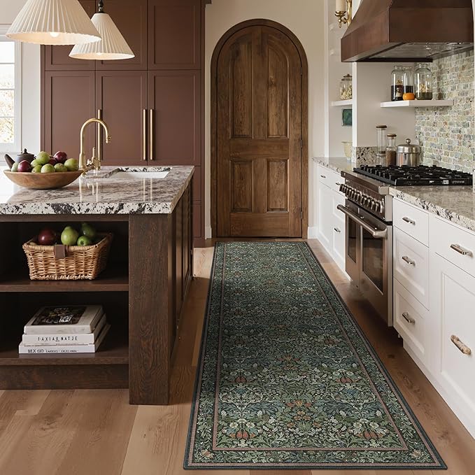 GENIMO Floral Washable Runner Rug 2’6”x12’, Non-Slip Long Hallway Carpet for Entryway, Kitchen, Indoor Floor Use, Vintage Boho Soft Thin Rug Décor, Dark Green