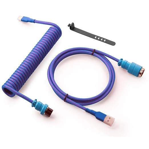 GUNMJO Pro Custom Coiled USB C Cable for Gaming Keyboard Double-Sleeved Mechanical Keyboard Cable with Detachable Metal Aviator 1.5M USB-C to USB-A Blue Color