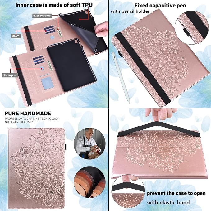 for Kindle Fire HD 8 Tablet (only Fits 10th Generation) &amp Fire HD 8 Plus 8 Case 2020 with Stand/Pencil Holder/Card Pocket/Elastic Band Embossed PU Leather Floral Cover Brown Peacock Flower