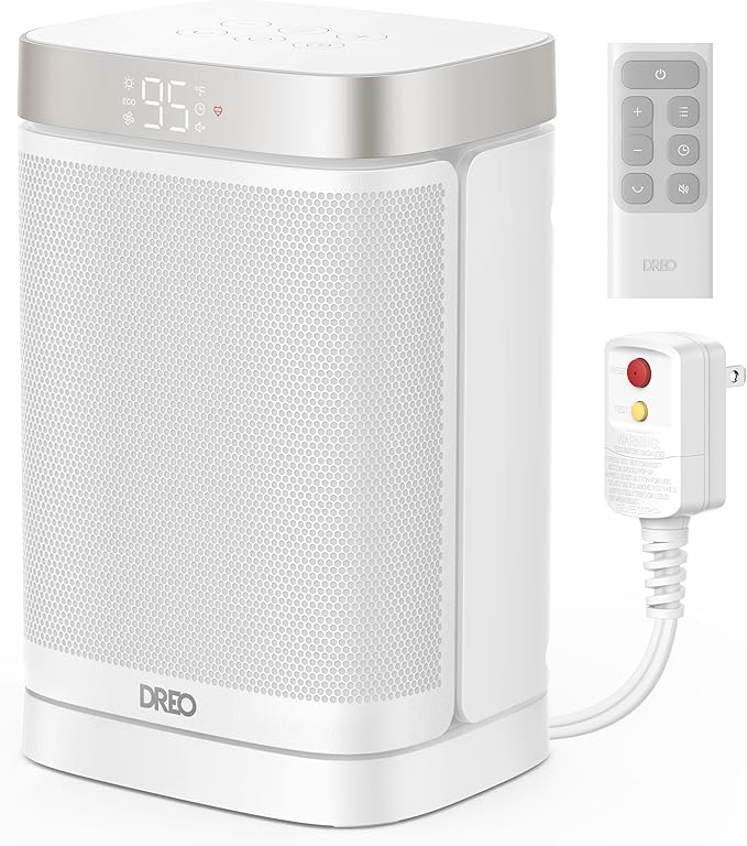 DREO Space Heater for Bathroom and Indoor, Portable Heater, 1500W Safe and Quiet PTC Ceramic Heater, 41-95°F Digital Thermostat, 70°Oscillating, Remote, ALCI Safety Plug, 12h Timer, 5 Modes, White