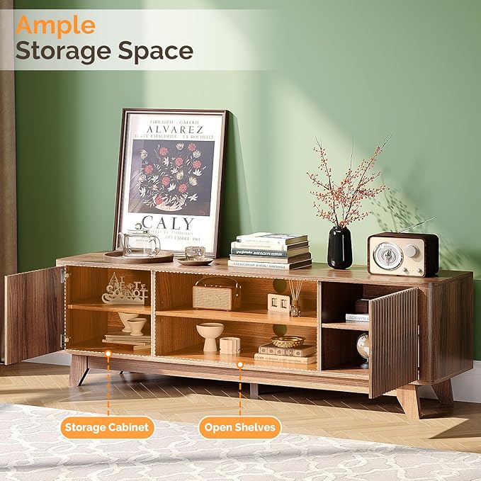 VINGLI 58.6" TV Stand up for 70 Inch TV, Mid Century Entertainment Center with Fluted Sliding Doors and Open Storage, Elegant Media Consoles for Living Room, Walnut