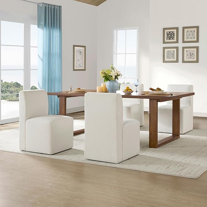 CHITA Dining Chairs with Casters Set of 2, FSC Certified Upholstered Armless Modern Rolling Dining Chairs with Rollers for Bedroom Reading Room Living Room, Linen