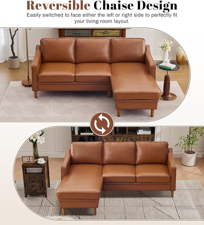 Kingfun 88" L-Shape Sofa, Faux Leather Sectional Couch, Mid Century Modern Couches with Solid Wood Frame for Living Room & Bedroom, Dark Brown