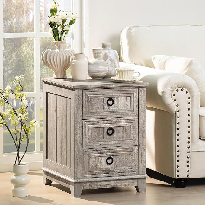 18" Farmhouse Night Stand with 3 Drawers, Wood End Table Dresser for Bedroom, Retro Oak Nightstand, Bed Side Table with Metal Handle, Bedside Cabinet for Bedroom Living Room, Closet