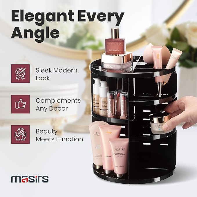 360 Rotating Makeup Organizer - Adjustable Shelf Height and Fully Rotatable. The Perfect Cosmetic Organizer for Bedroom Dresser or Vanity Countertop. (Black)